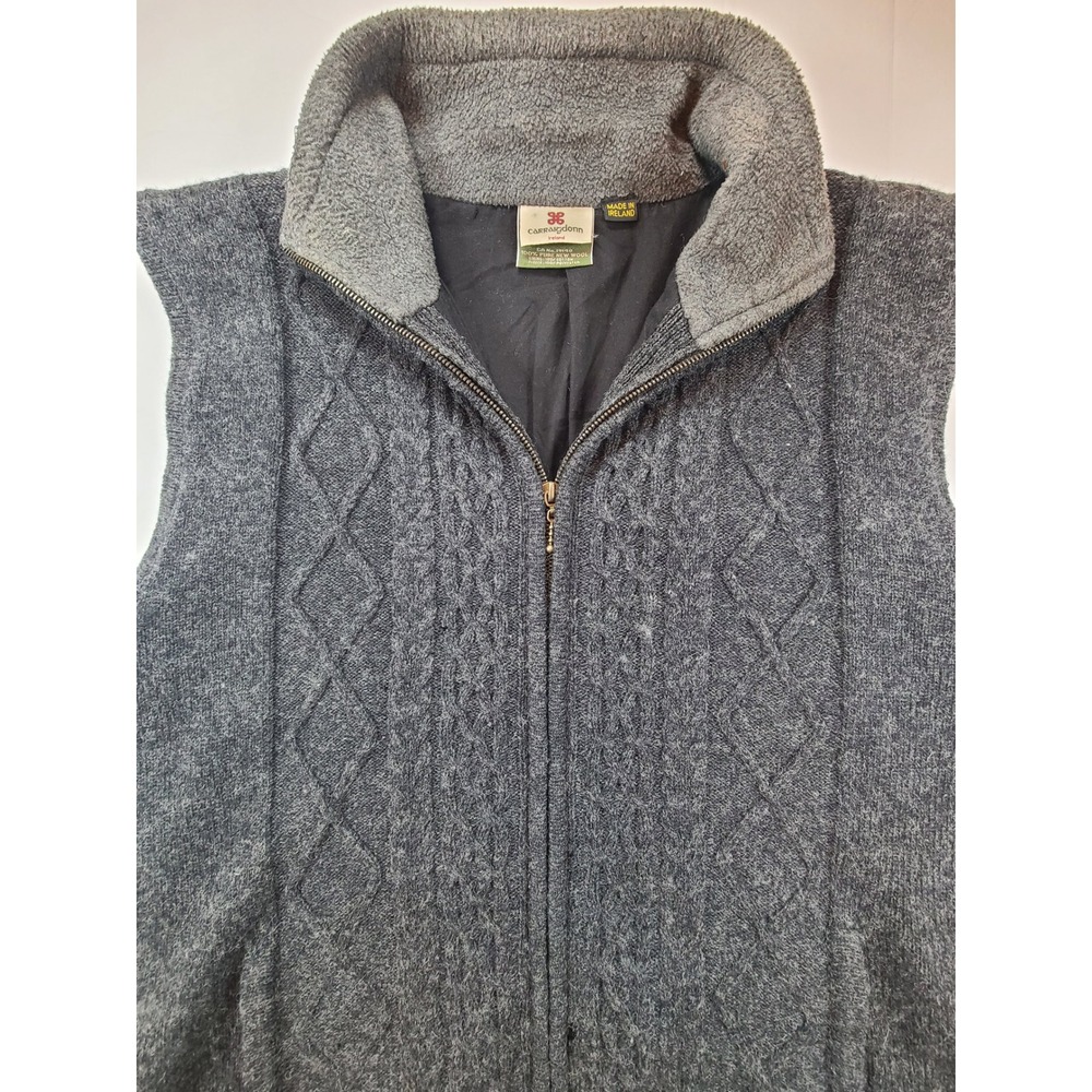 Carraig Donn Mens L Irish Wool Cable Knit Sweater Vest Gray Full Zip Ireland